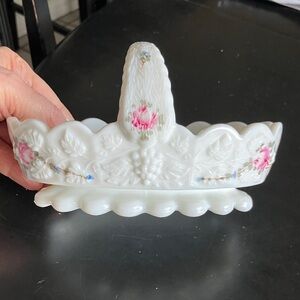 White Milk Glass Floral Basket with Pink Rose Accents